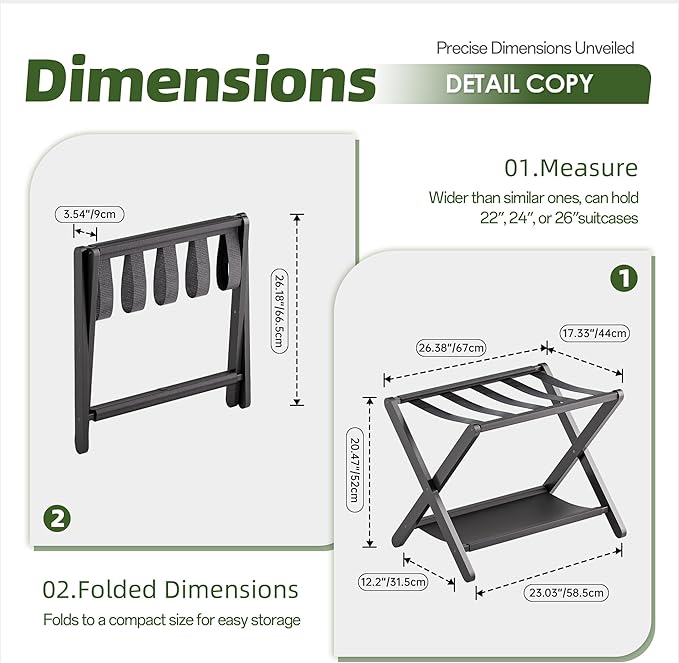 Luggage Rack, Set of 2, Folding Suitcase Stand with Storage Shelf, Premium Bamboo Luggage Holder for Guest Room, Bedroom, Hotel, Closet, Holds up to 135 lb (Black)