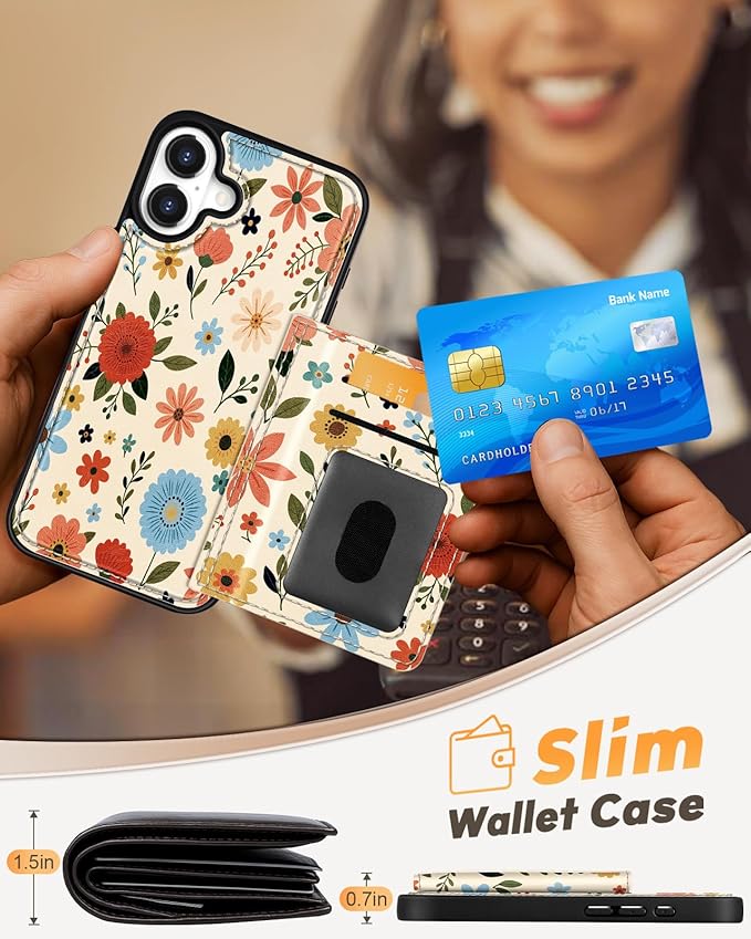 for iPhone 16 Wallet Case - Fits 4 Card Slots, Compatible with MagSafe for Women Aesthetic Durable PU Leather Credit Card Holder Kickstand Phone Cover for Apple 16, Beige Flower