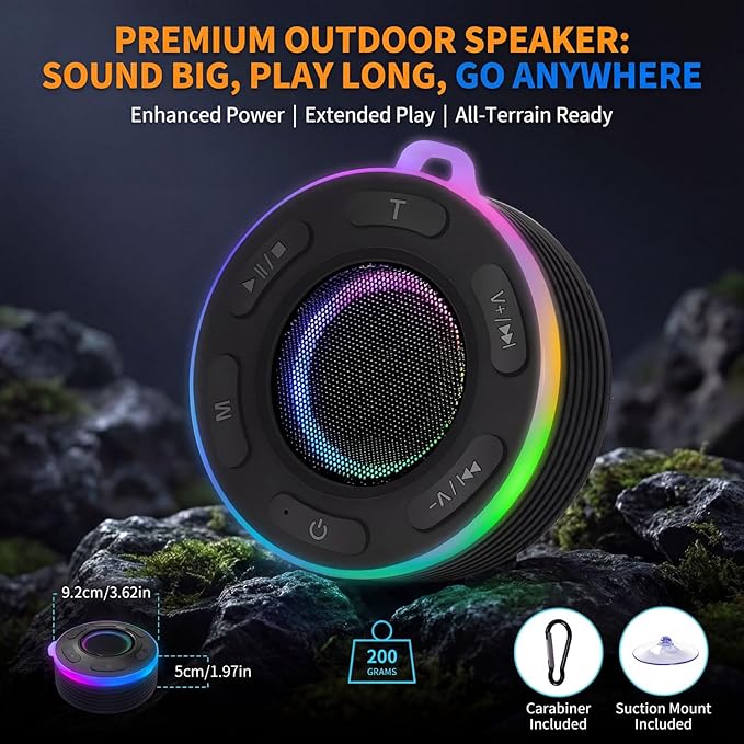 Portable Bluetooth Speaker with vibrant led lights, IPX6 Waterproof, Loud Stereo Sound,Hands-Free Calling/Radio, for Shower, Beach, Outdoors, Over 10 H Playtime, Mini/Small, Suction Cup & Hook
