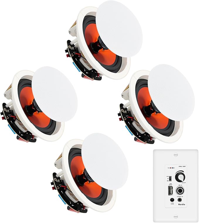 Herdio 8'' Bluetooth in Wall in Ceiling Speakers 800W 2-Way Flush Mount Speakers System with Wall Amplifier Receiver for Home Theater Office (2 Pairs, Paintable-Grille)