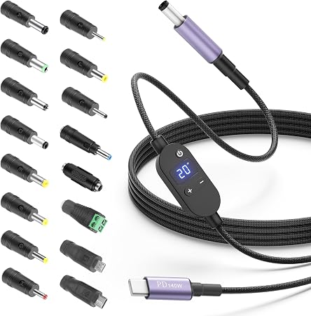 USB C to DC Adapter 140W USB C to Barrel Plug Adapter with 16 Tips 4.9FT