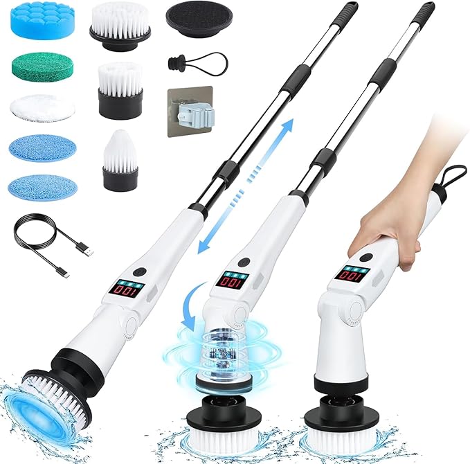 Electric Spin Scrubber Shower Scrubber with Long Handle & 3 Speeds, Rechargeable Cordless Power Scrubber Spin Brush for Cleaning Bathroom, Tub, Floor, Tile（Black-Beige