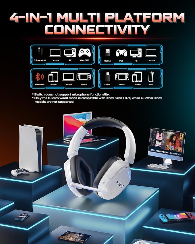 NUBWO Wireless Gaming Headset for PC, PS5, PS4, Connect to Game & Phone Simultaneously (2.4GHz + Bluetooth), 3 EQ Modes, 50H Battery, PS5 Headset with Mic, Lightweight Foldable Headphones White/Black
