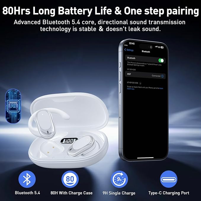 Adjustable Silicone Open Ear Headphones Wireless Bluetooth 5.4, Earbuds with Earhooks, IPX7 Waterproof, Bone Conduction Open Ear Earbuds for Running and Workout, Fast Charging