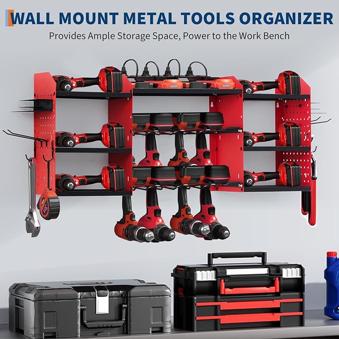 Power Tool Organizer, Drill Holder Wall Mount, Heavy Duty 3-Layer Garage Rack with 8 Outlets, 8 Drill Storage Shelf with Hooks, Battery Storage Rack Charging Station for Tool Shelf