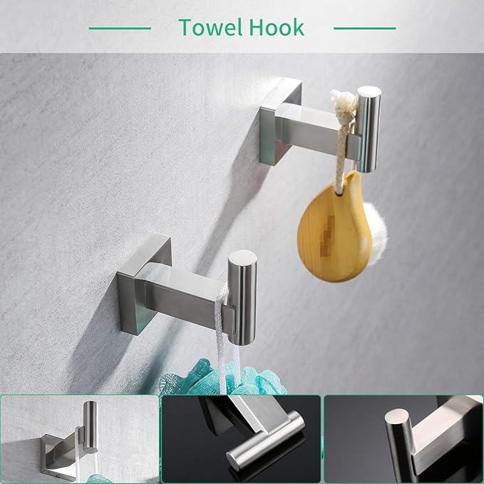 Miyili 5-Piece Bathroom Hardware Kit Set Brushed Stainless Steel Wall Mount - Includes Double Towel Bar, Hand Towel Rack, Toilet Paper Holder, 2X Robe Hook, BS02N5