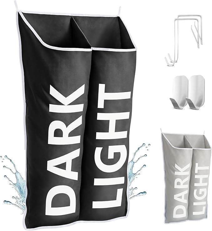 Hanging Laundry Hamper Bag XL, Space Saving over the Door Storage Bags, Behind the Door Hampers for Dirty Clothes & Wall Mounted Basket for Bathroom (Black, Double Compartment)