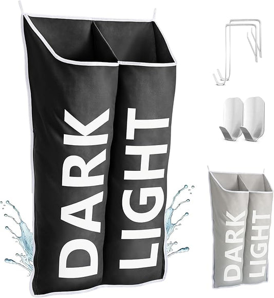 Hanging Laundry Hamper Bag XL, Space Saving over the Door Storage Bags, Behind the Door Hampers for Dirty Clothes & Wall Mounted Basket for Bathroom (Black, Double Compartment)