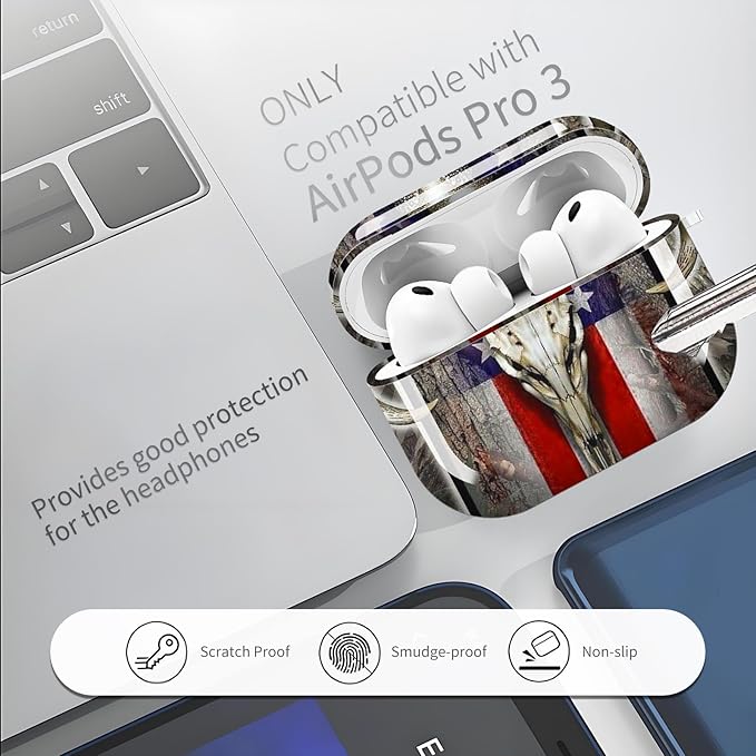 Compatible with AirPods Pro 3 Case 2025 for Women Girls – Cute Shockproof Protective Cover with Gold Round Buckle, Anti-Drop Soft Case for AirPod Pro 3rd Gen (Deer Skull Flag)