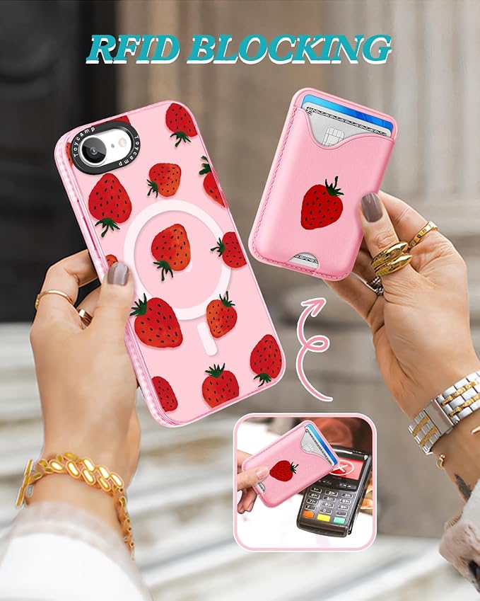 Toycamp for iPhone 16e Case 6.1 Inch - Compatible with Magsafe Credit Card Holder Wallet Magnetic Cute Women Teen Girls Kawaii Girly Unique Strawberry Design Phone Cover for iPhone 16e