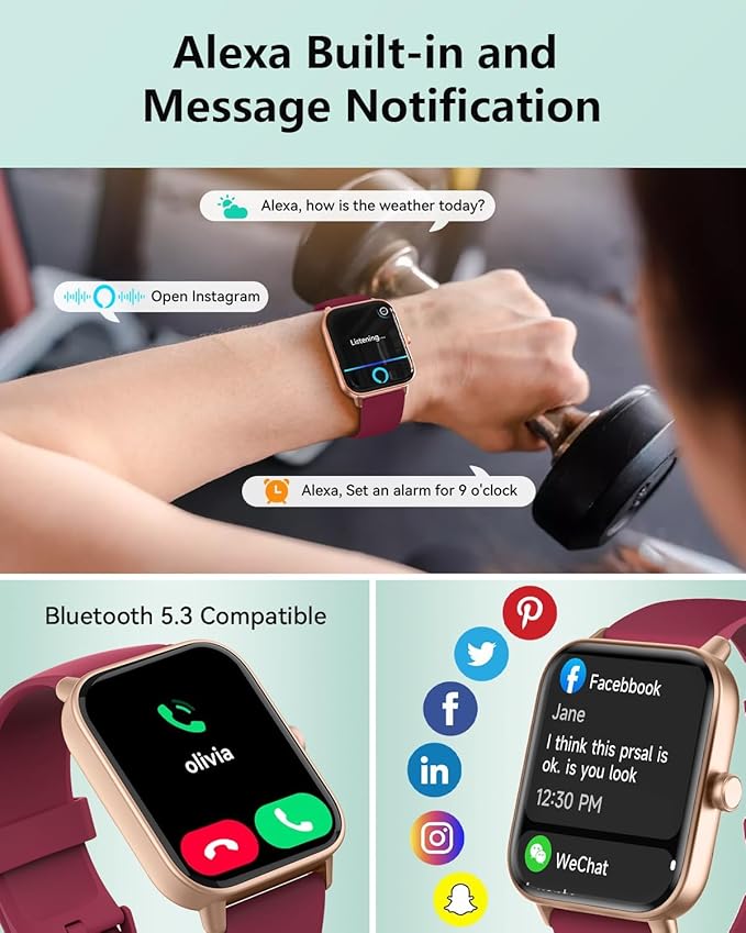 Smart Watches for Women/Men, Smart Watch for Android Phones and iPhone Compatible, Alexa Built-in, 1.8" Fitness Watches for Women, IP68 Waterproof/Bluetooth Call, Heart Rate/Sleep Monitor, Red