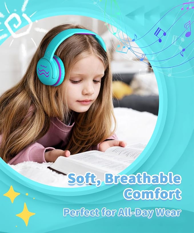 Wired Kids Headphones with Mic, Foldable, Volume Control Safe Listening(85/94dB), 3.5mm Jack on-Ear Headset for Chilren/Teens/Boys/Girls/School/Travel/Plane/Tablet/Ipad/Laptop, GreenPurple