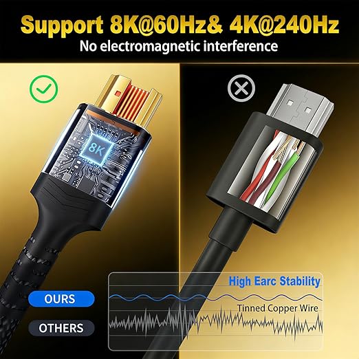 𝟑𝐫𝐝 - 𝐆𝐞𝐧 10K 8K HDMI Cable 2.1, 1.5FT 3.3FT 5FT 6.6FT 10FT 13FT 16FT 20FT 25FT, 48Gbps Gold-Plated Ultra High Speed Military Grade Nylon Braided HDMI Cord 8K@60Hz /4K@120Hz, HDCP 2.2&2.3(3.3FT)