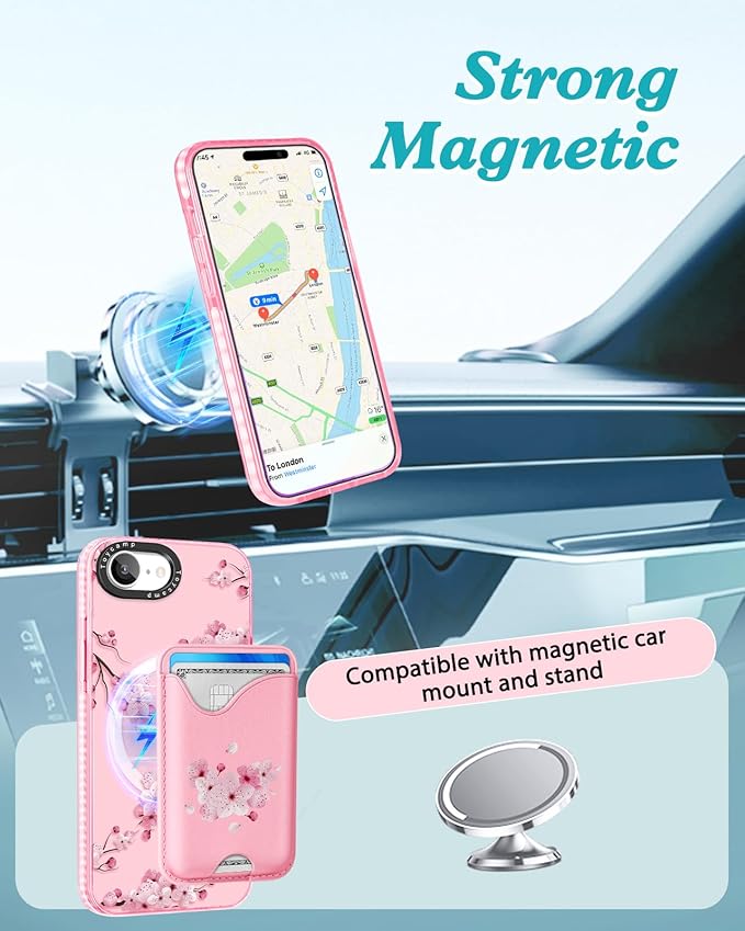 Toycamp for iPhone 16e Case 6.1 Inch - Compatible with Magsafe Credit Card Holder Wallet Magnetic Cute Women Teen Girls Kawaii Girly Unique Flower Design Phone Cover for iPhone 16e