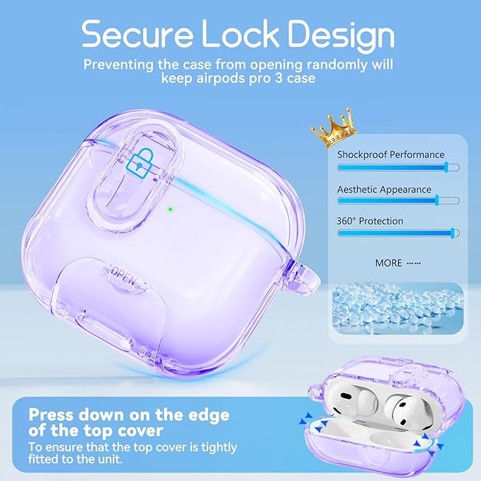 Clear Case for AirPods Pro 3 Case Cover with Safety Lock,Soft TPU Cover with Phone Stand & Cleaning Kit,Cute Bling Keychain for Women Girls-Clear Purple