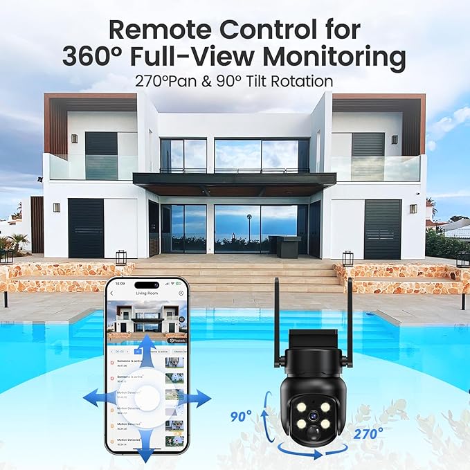 2.4G/5G WiFi 6 Wireless Outdoor 360° View Security Camera, 2K, Solar Powered 4MP, Color Night Vision, AI Human Detection, Pan/Tilt, Spotlight & Siren, 2-Way Talk, Cloud/SD Storage, IP65