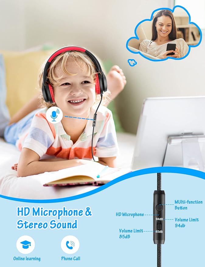 Kids Headphones with Microphone, Wired Over Ear Headsets with Limited Volume 85dB/ 94dB for Boys Girls Teens Children Online School/Travel/iPad/Tablet/Cellphone