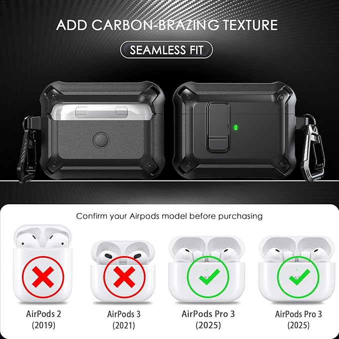 RFUNGUANGO AirPods Pro 3 Case (2025) with Safety Lock and Automatic Pop-up, Compatible with Airpods Pro 3rd Generation Case, Magnetic Lid, Compatible MagSafe, Hard Shockproof Protective Case,Black