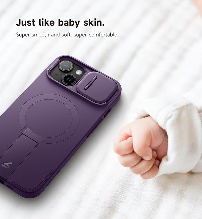 SURITCH for iPhone 13/14 Case with Magnetic Camera Slide Cover and Adjustable Kickstand, Compatible with MagSafe, Shockproof Bumper Case Slim Protective Cover for iPhone 13/14 6.1 Inch, Dark Purple