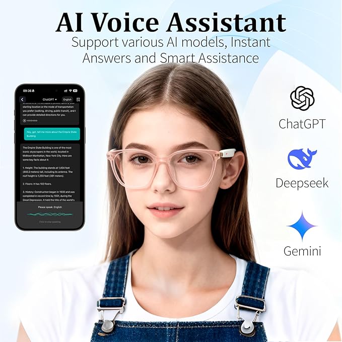 AI Smart Glasses with Real-Time Translation & Voice Assistant – Bluetooth Sunglasses with Noise-Cancelling Calls, Music, Touch Control, Photochromic Lenses, UV & Blue Light Protection-Pink