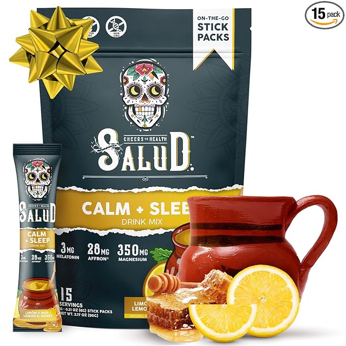 Salud 2-in-1 Sleep Aid + Calm Drink Mix, Lemon Honey Flavor, Melatonin, Magnesium, Saffron Extract, L-Theanine, Non-GMO, Gluten Free, Vegan, Low Calorie, 1g of Sugar (15 Servings)