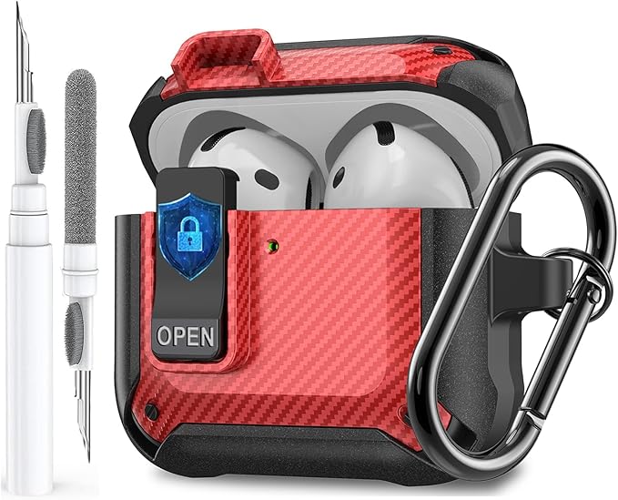 for Airpods 4 Case with Lock Clip, Rugged Apple Airpods 4th Generation Cover 2024 Men Women, Armor Shockproof iPod 4 Gen Protective Hard Shell with Carabiner&Cleaner kit,CF Black/Red