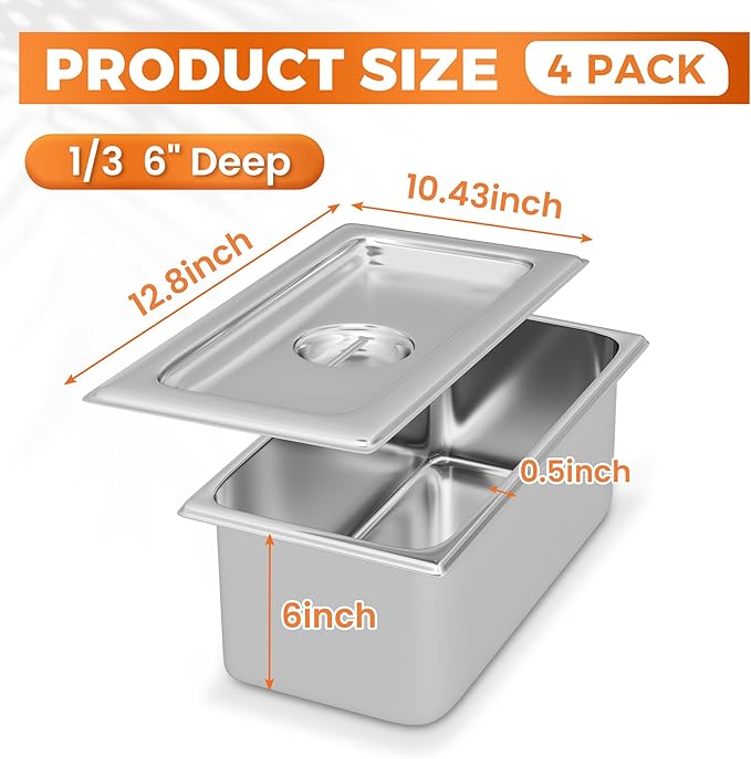 4 Pack Hotel Pans with Lids 1/3 Size 6" Deep, Stainless Steel Steam Table Pan with Lid, Commercial Metal Buffet Food Storage Container, Anti-Jam Design, for Restaurant, Kitchen, Party, Home