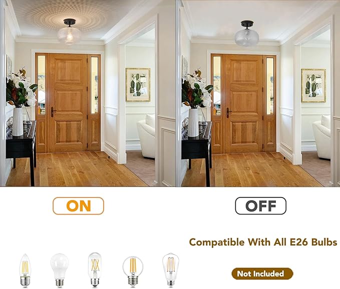 Modern Black Flush Mount Ceiling Light Fixtures,Hammered Globe Ceiling Lighting Adjustable Hanging with Seeded Glass Lampshade for Entryway Bedroom Kitchen Hallway Laundry Room,E26 Lamp,9.84 In