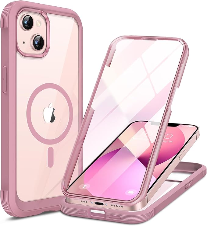 Miracase Compatible with iPhone 13 case 6.1 inch, 2021 Upgrade Full-Body Glass Clear Case Bumper Case with Built-in 9H Tempered Glass Screen Protector for iPhone 13,Pink