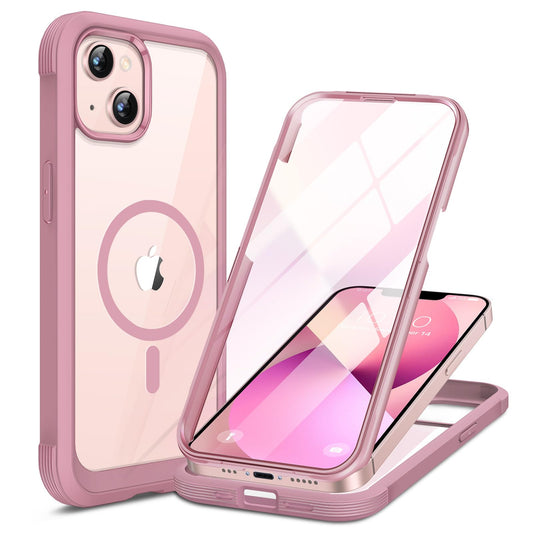 Miracase Compatible with iPhone 13 case 6.1 inch, 2021 Upgrade Full-Body Glass Clear Case Bumper Case with Built-in 9H Tempered Glass Screen Protector for iPhone 13,Pink