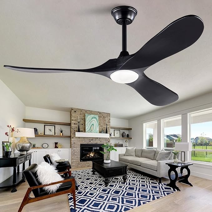 Black 52 Inch Wood Large Ceiling Fans with Lights and Remote Control, 3 Color Temperatures and 6 Speeds Timing, 52 Inch Indoor Outdoor Ceiling Fan for Patios Living Room Bedroom Study Office