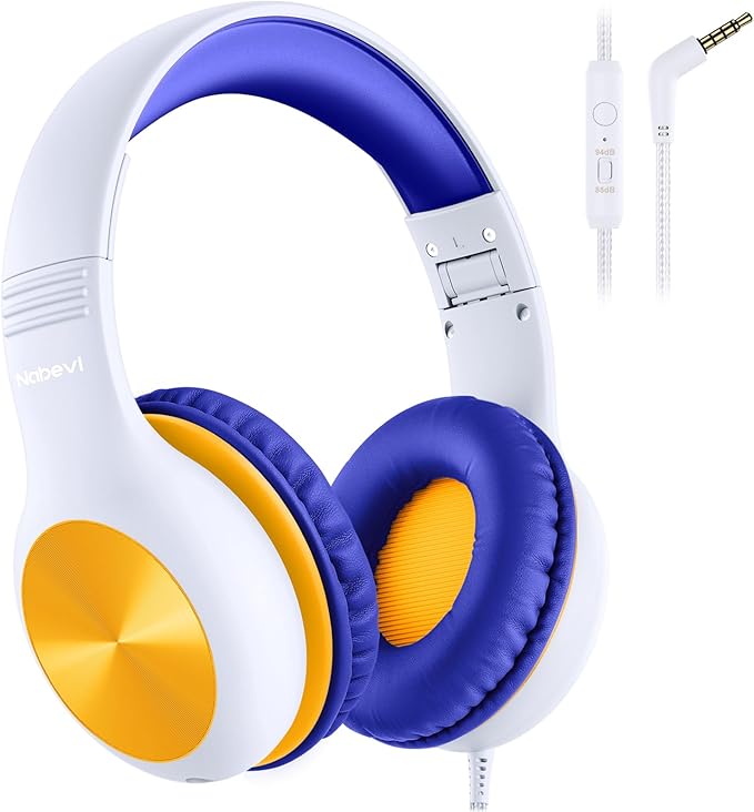 Kids Headphones with MIC, Over-Ear Headphones for Kids with Cord, HD Sound, Safe Volume Limit, Sharing Function, Kid Headset for Boys Girls, Toddler Headphone for School, Tablet, White Orange