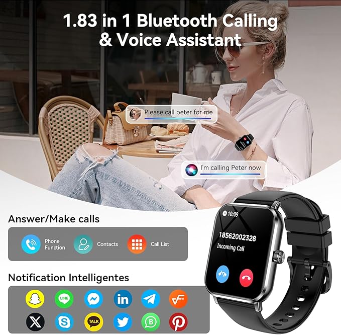 Smart Watch for Men Women Android & iOS, 5 ATM Waterproof Activity Fitness Tracker with Bluetooth 5.3 Calls, 130+ Sports Modes, 1.83" HD Smart Watch with Heart Rate/Sleep Monitor (Black)