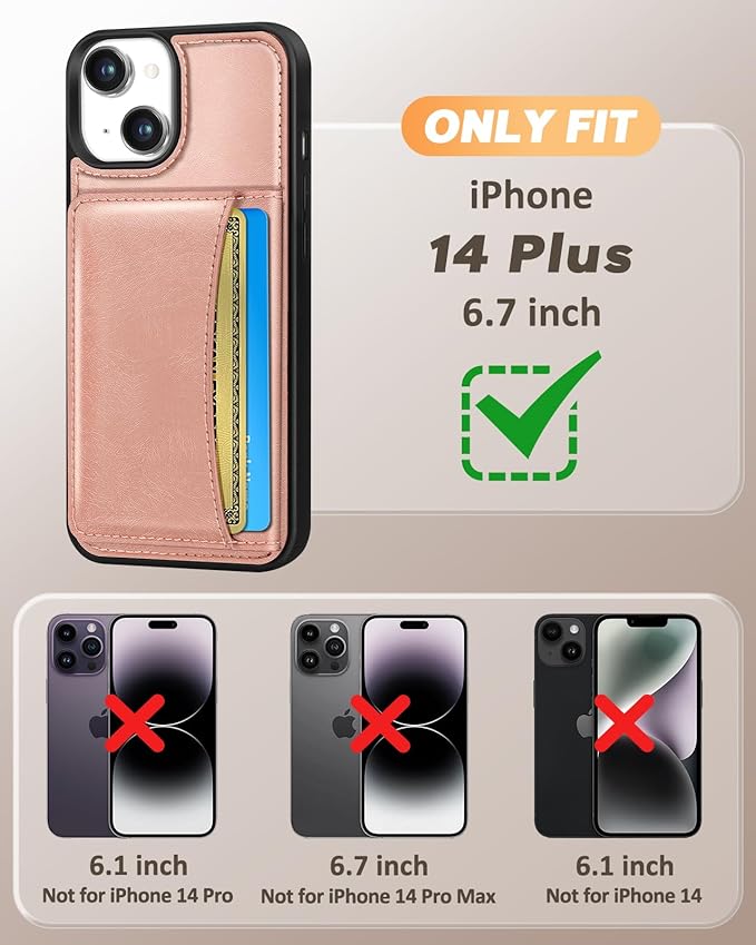 for iPhone 14 Plus Case with Wallet - Fits 4 Card Slots, Compatible with MagSafe for Women Aesthetic Durable PU Leather Credit Card Holder Kickstand Phone Cover for Apple 14 Plus, Rose Gold