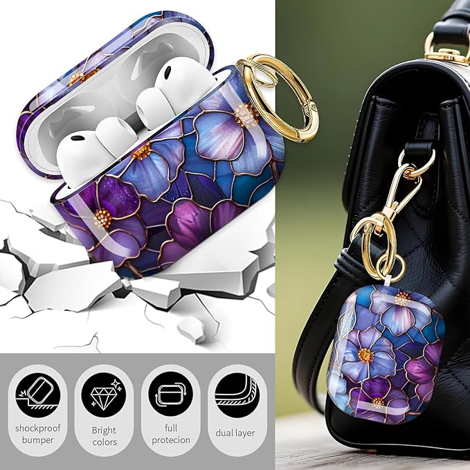 Cute Hard Case Compatible with AirPods Pro 3rd Generation Case (2025), Shockproof Protective Cover with Golden Keychain Ring Clip (Purple Flower)