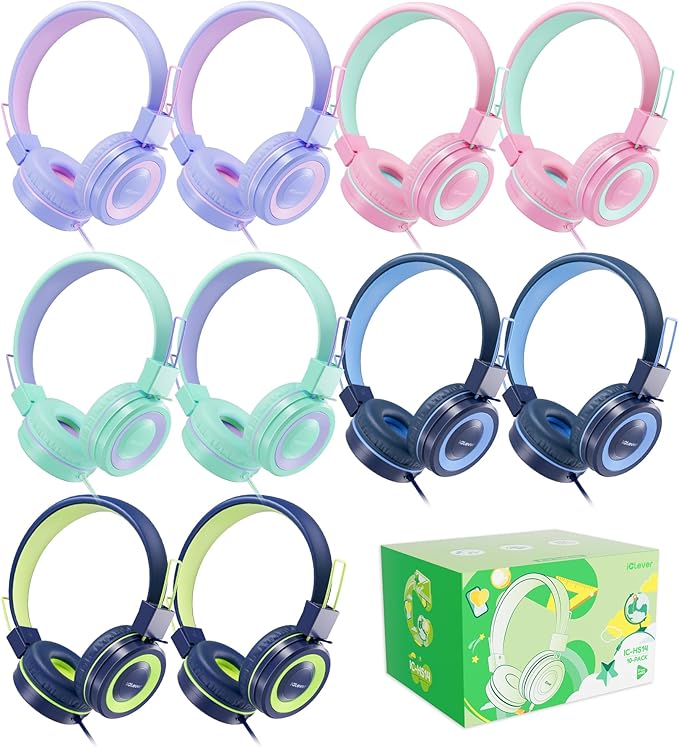 iClever Kids Headphones for School K-12, Tangle Free, 3.5mm Jack, HD Stereo, Swivel Folable Kids On Ear Headphones with Cord for Classroom/Student/Tablets/Laptop, Bulk 5Pack (Colorful 10PACK)