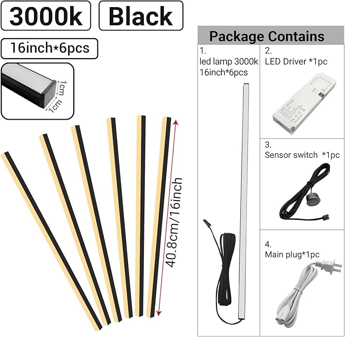 HAMRVL Black LED Recessed Lighting Kit - 6 Pcs 16in DC12V White LED Light with Smart Switch, 3000k Self-Adhesive Wall Panel Lights for Wood Slat Wall Panels, Headboards, Stairs, Under Cabinet Lighting