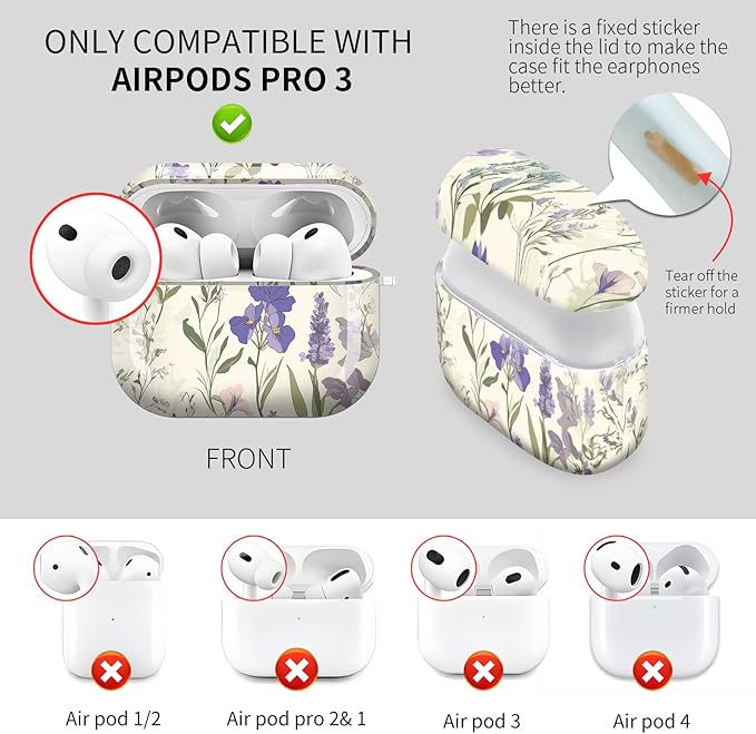 Cute Hard Case Compatible with AirPods Pro 3rd Generation Case (2025), Shockproof Protective Cover with Golden Keychain Ring Clip (Retro Flower)