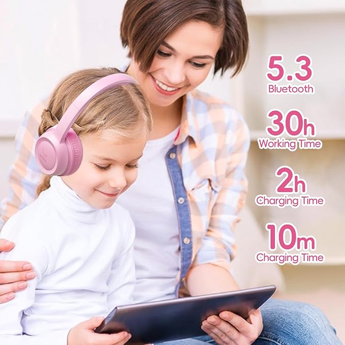 Kids Bluetooth Headphones,Kids Headphones Wireless with 85dB Volume Limiter, 30H Playtime, Adjustable Headband,Over-Ear Headphone for Kid School Online Class Travel(Pink)