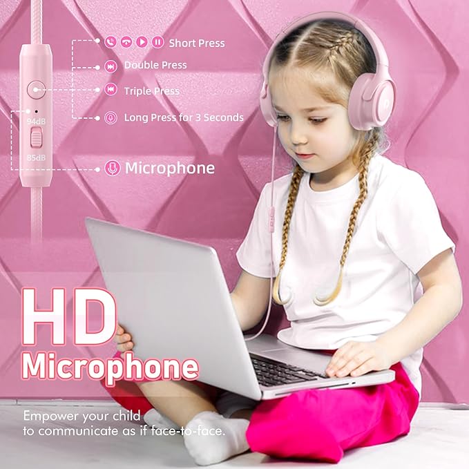 Kids Headphones with Cord-3.5mm Jack 85/94dB Safe Volume Control Built-in Microphone On-Ear Headphones for Kids/Teens/Girls/School/Travel/3.5mm Devices(Pink)