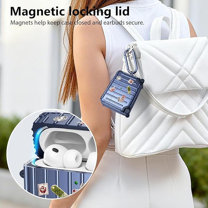 KOREDA Compatible with AirPods Pro 3 Case Cover, Cute Funny Suitcase Design Case for AirPods Pro 3rd Generation, Fashion Protective Hard Case for Women Men with Keychain and Cleaner Kit (Blue)