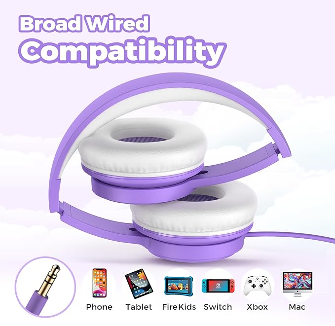TuneFlux Upgraded Kids Headphones, Wired Toddler Headphones, 85dB Limited Volume On Ear Headphones, Portable Foldable Design, Stereo Sound Kids Headsets for School/Tablet/Travel-Purple