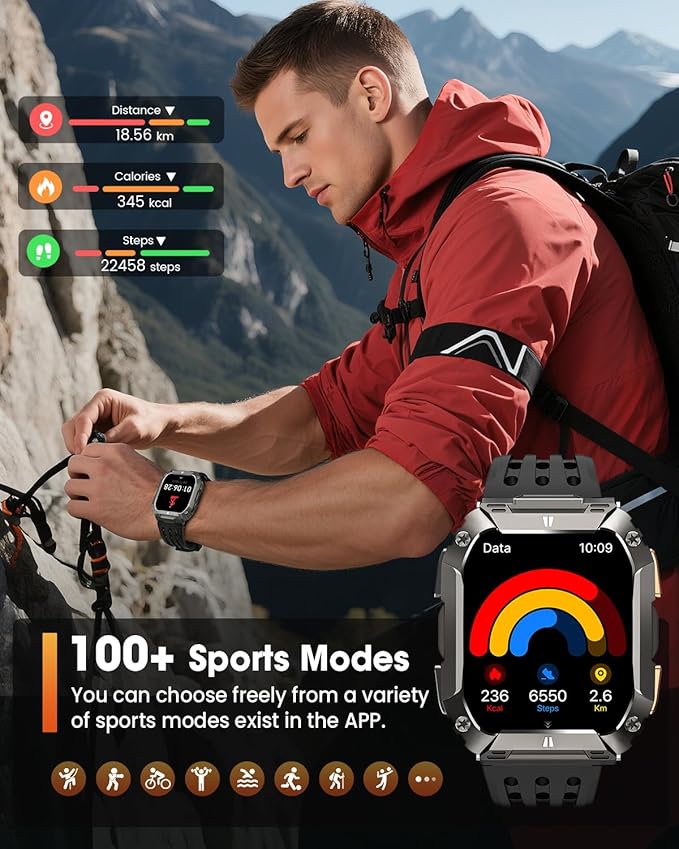 Smart Watches for Men, Military Smart Watch with 100 Days Battery/LED Flashlight, 1.95'' Fitness Watch with Heart Rate/ Sleep Monitor/100+ Sports Mode, 5 ATM Rugged Smartwatch for Android and iPhone