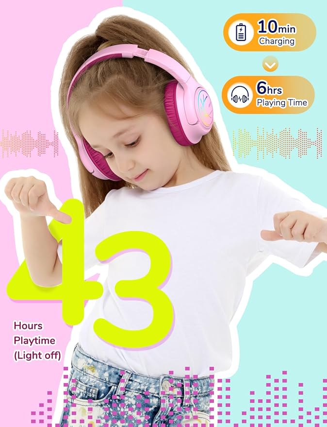 iClever Kids Bluetooth Headphones with LED Lights, BTH18 Safe Volume 74/85dBA, 43H Playtime, Bluetooth5.3 Kids Headphones Wireless Aux Cord for iPad/Tablet/Travel/School, Blossom Pink