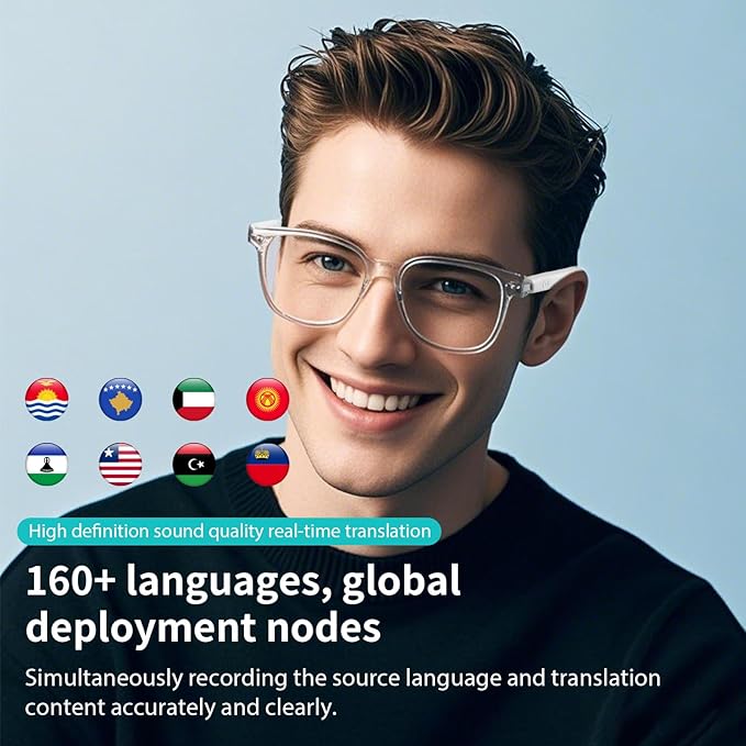 AI Translator Smart Glasses, Real-Time Bilingual Translation, Simultaneous Interpretation Glasses with Photochromic Lenses Transparent Frame, 165+ Languages, Lightweight Design for Travel & Business
