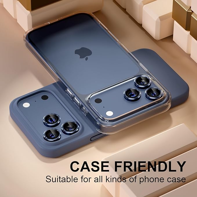 Misea Compatible for iPhone 17 Pro/iPhone 17 Pro Max Camera Lens Protector, Ultra-HD Tempered Glass Camera Cover Screen Protector Metal Individual Ring Protector Decoration Accessories, Blue