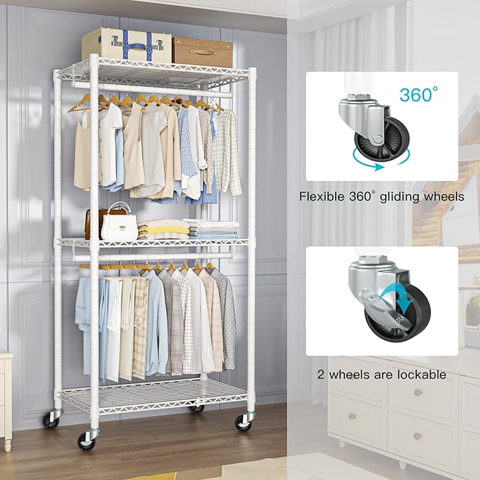 FUTASSI P1 Medium Heavy-Duty Portable Closet, 30" W x 14" D x 76" H, Metal Rolling Clothing Rack, White
