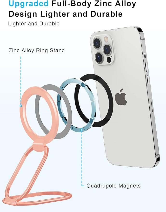 【2025 Upgraded】 Mag Safe Phone Ring Holder, SUPERONE Adjustable Magnetic Kickstand & Removable Phone Grip Compatible with Wireless Charging Only for iPhone 17 & 16 & 15 & 14 & 13 Series - Rose Gold