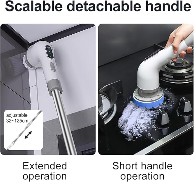 Electric Spin Scrubber, Cordless Cleaning Brush Scrubber for Home, 9 Replaceable Brush Heads, 50Mins Work Time, 3 Adjustable Size, 3 Strong Speeds for Bathroom Shower Bathtub Car Glass, Gray Color