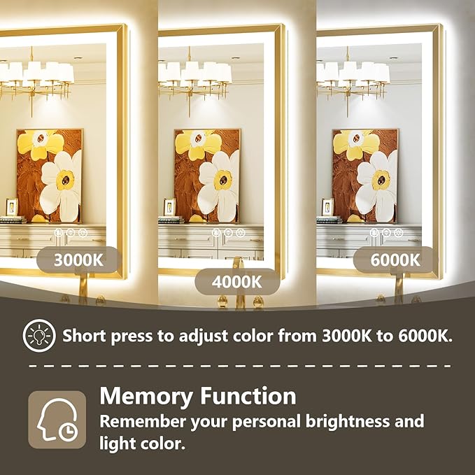 44x32 Gold Framed LED Bathroom Mirror with Lights, Backlit and Front Light, Lighted Bathroom Vanity Mirror for Wall Dimmable Anti-Fog Memory Tempered Glass Horizontal/Vertical